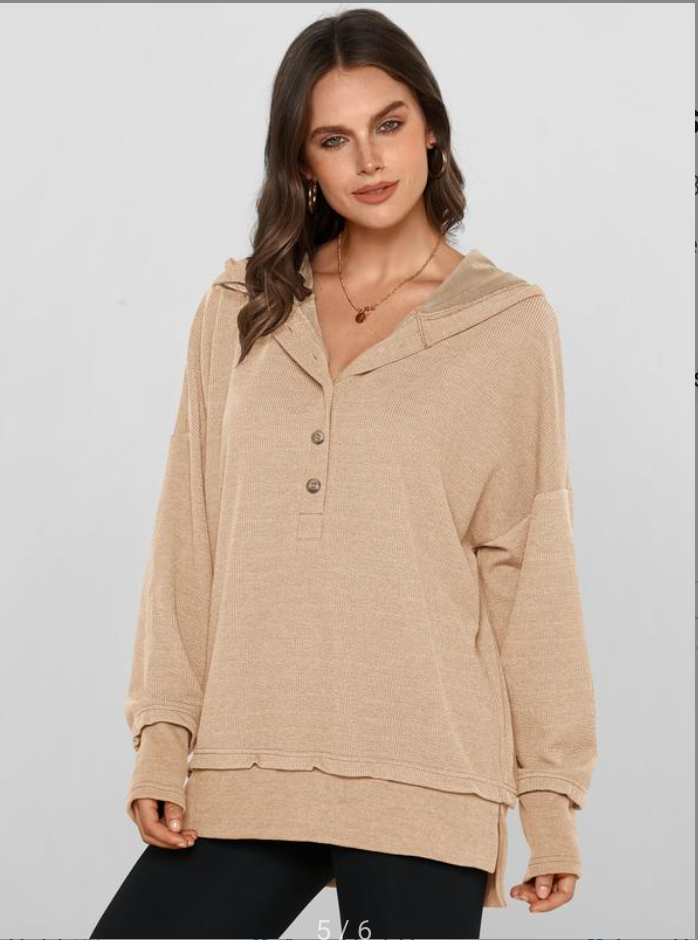 Oversized Button Up V Neck Sweatshirt Side Slit
